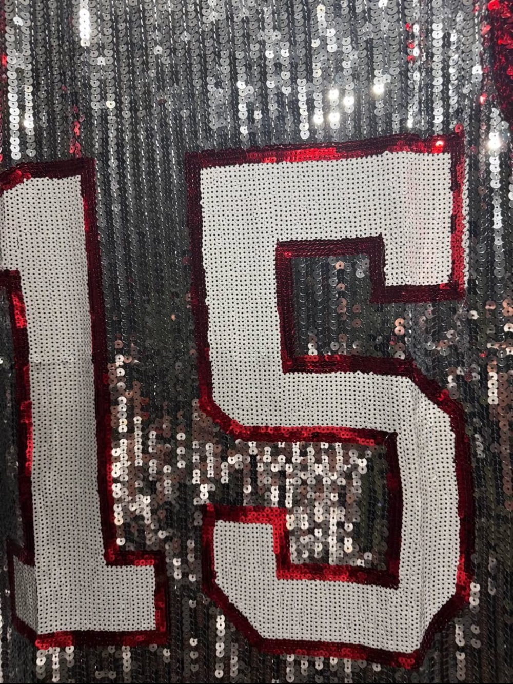 K C Chiefs Sequin Football Jersey Tee/ Dress with Number 15 - Silver & Red - Picture 2 of 5